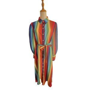 Women's Sz L Shirt Dress Rainbow Stripe Button Front Belted Long Sleeve SHEIN